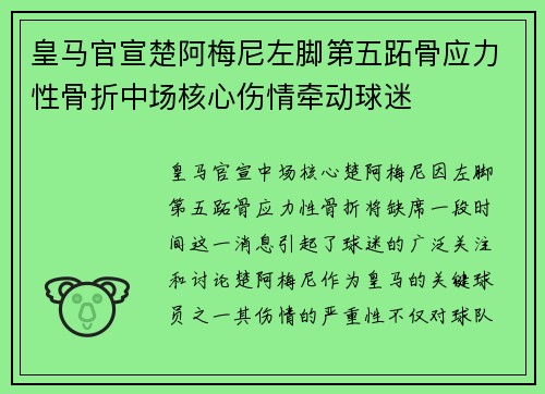 皇马官宣楚阿梅尼左脚第五跖骨应力性骨折中场核心伤情牵动球迷
